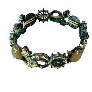 Nautical-Themed Stretch Bracelet Aged Patina Finish Tan Green Accents Distressed